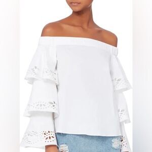 Intermix White Off the Shoulder Blouse with Eyelet Tiered Bell Long Sleeve.